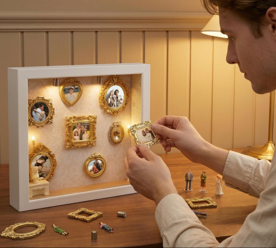 DIY Mini Museum Silhouette Box for Anniversary, Shadow Box Frame with Gold Mini Picture Frames & People Figurines for Valentine'S Day Gifts, Birthday, 8.74In