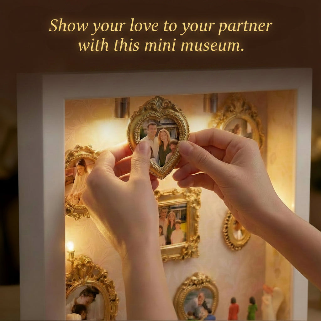 DIY Mini Museum Silhouette Box for Anniversary, Shadow Box Frame with Gold Mini Picture Frames & People Figurines for Valentine'S Day Gifts, Birthday, 8.74In