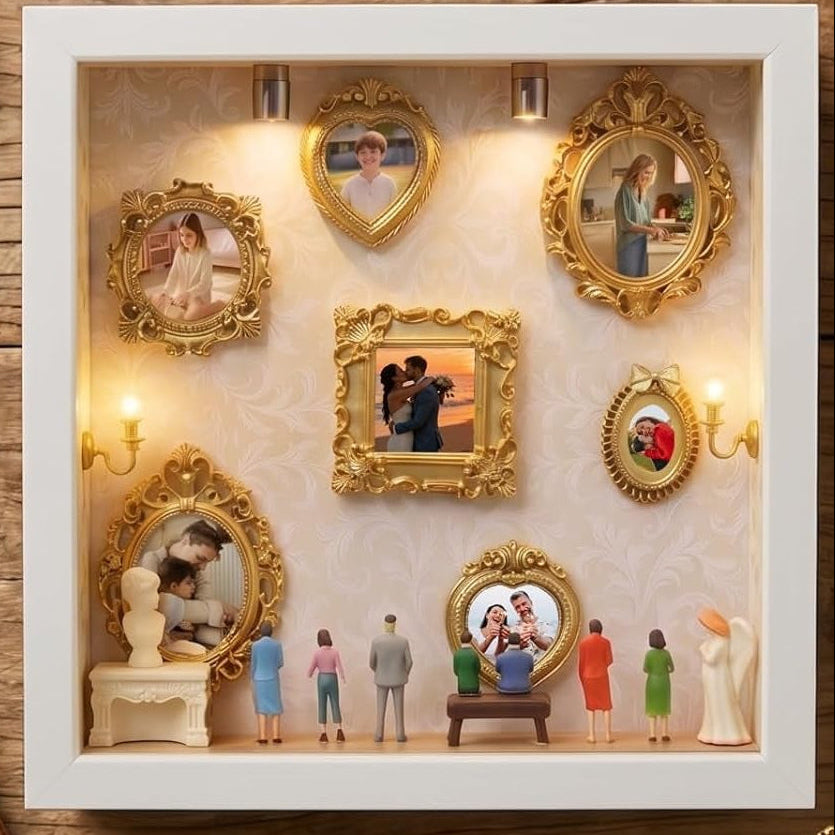 DIY Mini Museum Silhouette Box for Anniversary, Shadow Box Frame with Gold Mini Picture Frames & People Figurines for Valentine'S Day Gifts, Birthday, 8.74In