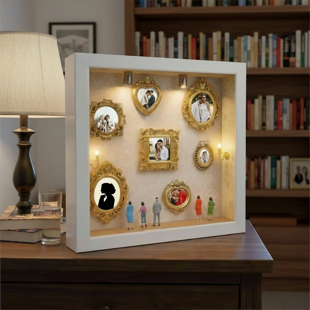 DIY Mini Museum Silhouette Box for Anniversary, Shadow Box Frame with Gold Mini Picture Frames & People Figurines for Valentine'S Day Gifts, Birthday, 8.74In
