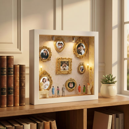 DIY Mini Museum Silhouette Box for Anniversary, Shadow Box Frame with Gold Mini Picture Frames & People Figurines for Valentine'S Day Gifts, Birthday, 8.74In